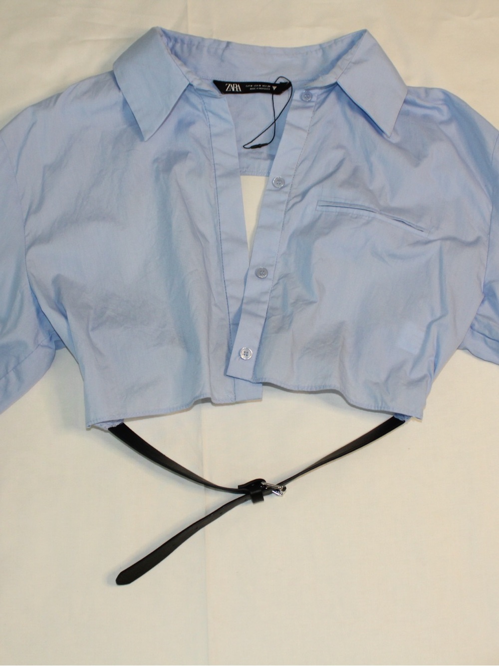 Zara Light Blue Cropped Button-Down Shirt with Waist Strap